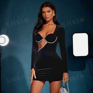 Velvet Black Rhinestone Cutout Dress